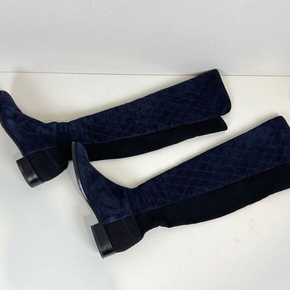Stuart Weitzman 5050 Quilted Navy Blue Suede Black Over the Knee Boots 9.5 - Picture 3 of 8